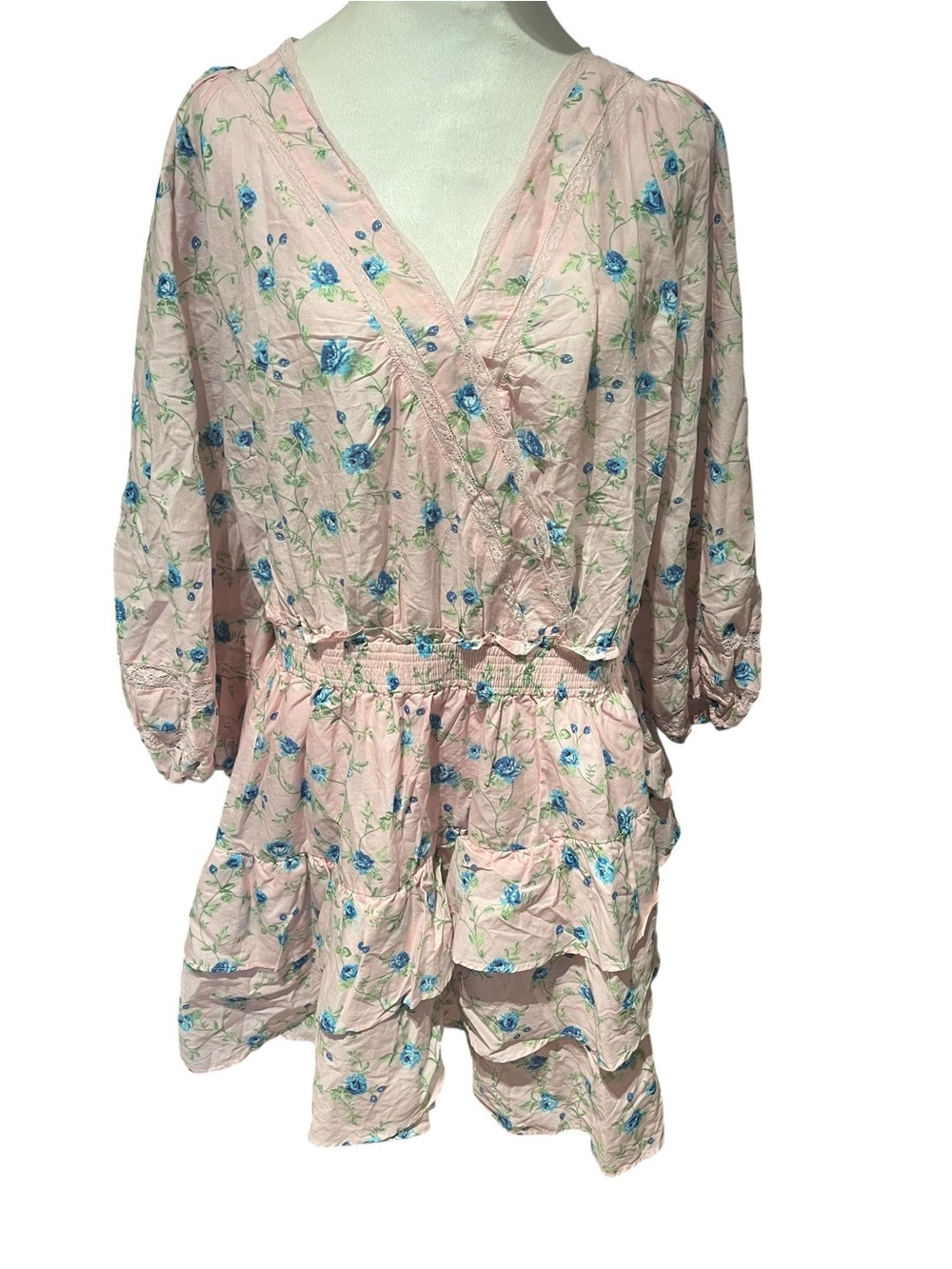 LoveShackFancy NWT 2XL Pink Blue Floral Prairie Cottagecore Dress Lace Trim - Picture 5 of 13